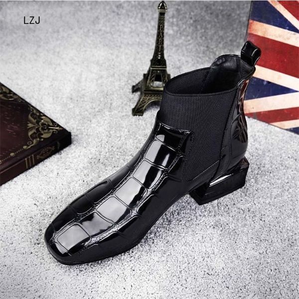 

boots 2021 chic women shiny pu leather autumn winter shoes woman spuare toe block heels ankle female botas zapatos mujer, Black