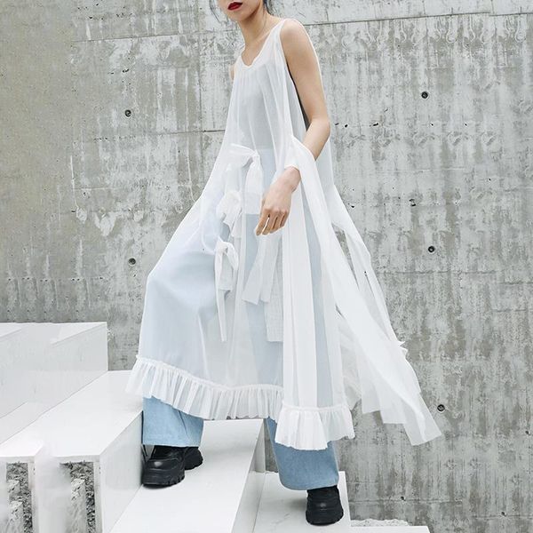 

eam] 2021 new spring summer round neck sleeveless mesh ruffles bow split joint temperament dress women fashion tide jw807, Black;gray