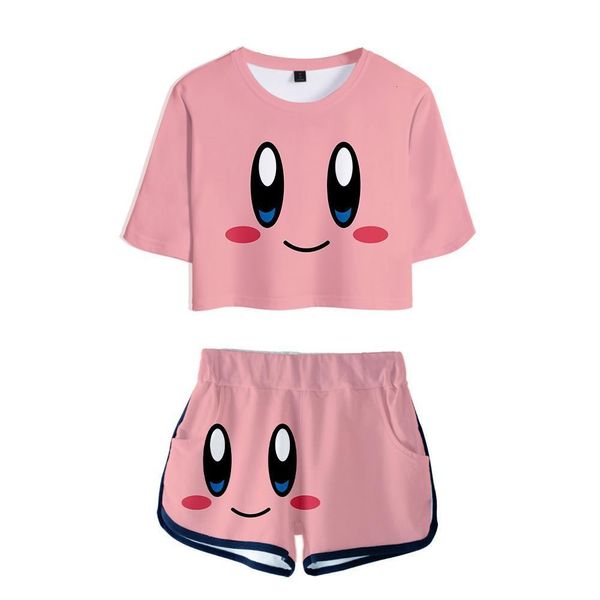 

популярные новые 3d t рубашки выкрытый пупок футболка + короткие штаны летние кирби женские наборы из двух частей вскользь горячие женские н, Gray