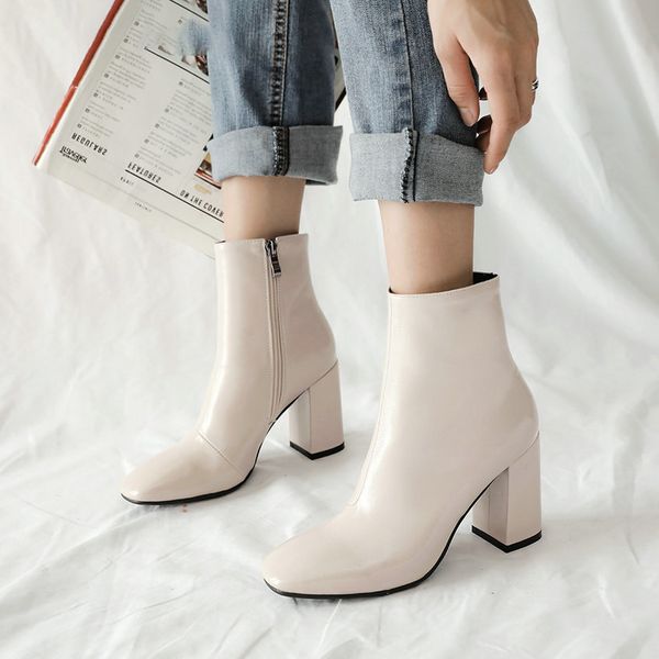 

was 2020 plutonium leather brief autumn female shoes retro toe foot heel square zipper all games ankle boots size 34-43, Black
