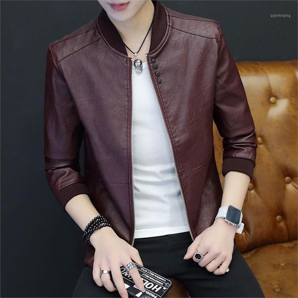 

oloey spring autumn mens baseball collar solid color slim fit casual pu jackets & coats youth locomotive leather jacket male1, Black