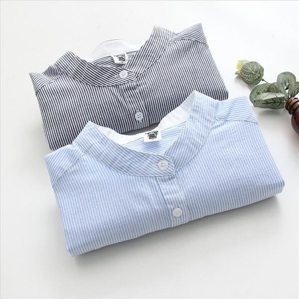 

blouses women 2021 spring summer blue grey striped thin blusas fashion long sleeve shirt ladies camisas mujer 100%cotton, White