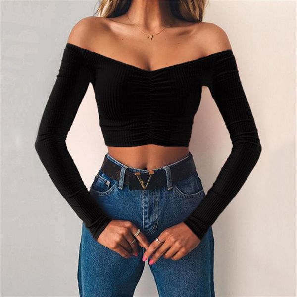 

women long sleeve t-shirt summer fashion casual crop solid pullover tunic slim slash neck jersey streetwear basic, White