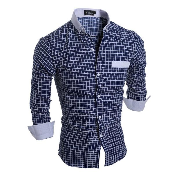 

checkerboard casual fashion print plain men shirt slim fit dress shirt long sleeve turn-down collar spring camisa masculina, White;black