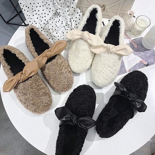 

Bowtie Fur Flats Women Mules Winter Plush Shoes Ladies Cute Lazy Shoes Round Toe Butterfly-knot Womens Flats Zapatos Mujer #d762