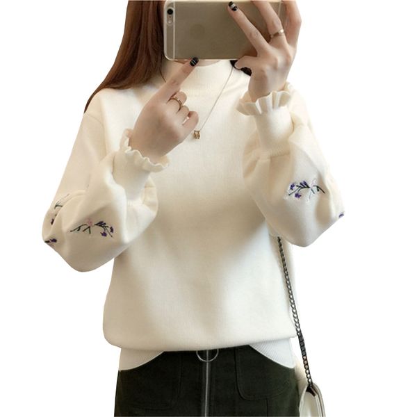 

2020 autumn female sweater embroidered pullovers flashlight loose sleeve knitted shirt, White;black