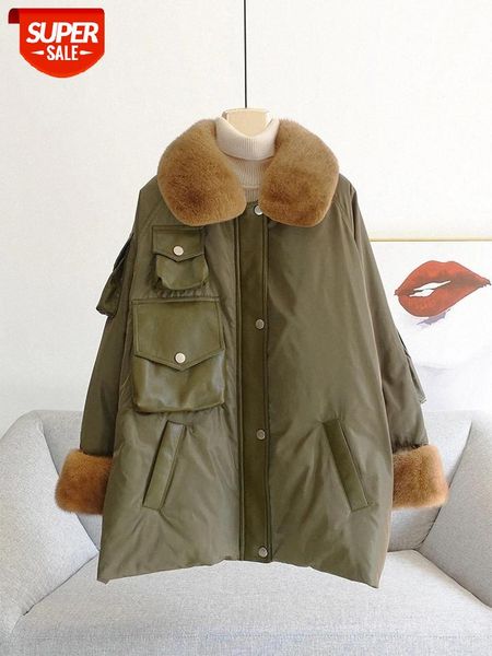 

mink fur collar parker stitching down jacket women's 2020 new european station design sense mid-length european fur #p87n, Black;brown