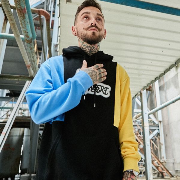

spring autumn men tri-color splice hoodies high street fashion hip hop streetwear patchwork hit color couple sweater vest, Black