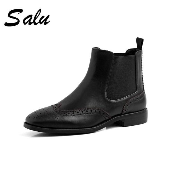 

2020 ankle boots genuine leather casual round toe platform fashion women boots cow leather autumn winter slip on women shoes, Black