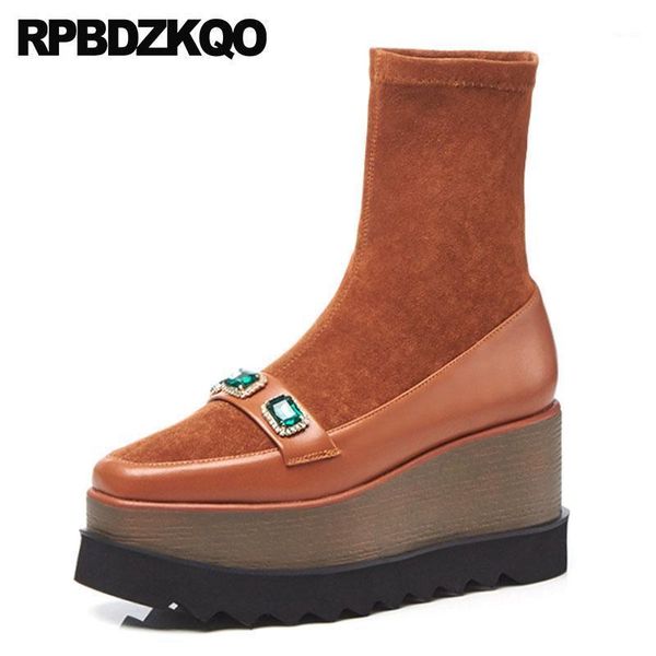 

boots square toe brand women winter genuine leather high heel slip on wedge muffin flatform platform stretch fur ankle shoes1, Black