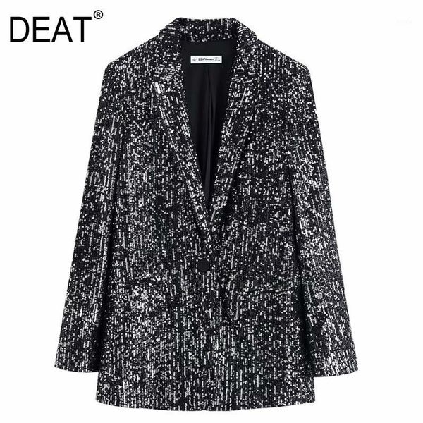 

deat] women sequins pockets temperament blazer new lapel long sleeve loose fit jacket fashion tide spring autumn 2021 13t9021, White;black