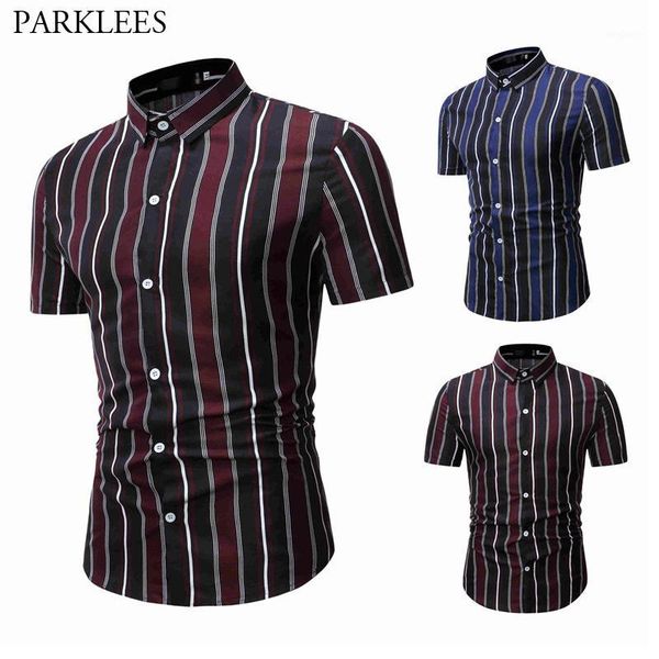 

vertical stripes men shirt fashion hit color shirts for men casual slim fit mens dress shirt short sleeve work business chemise1, White;black