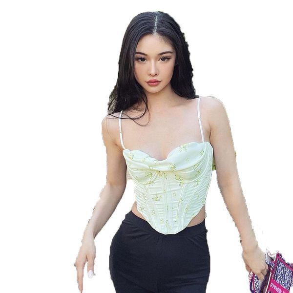 

floral pocket collar corset short tank section corset small sling women, White