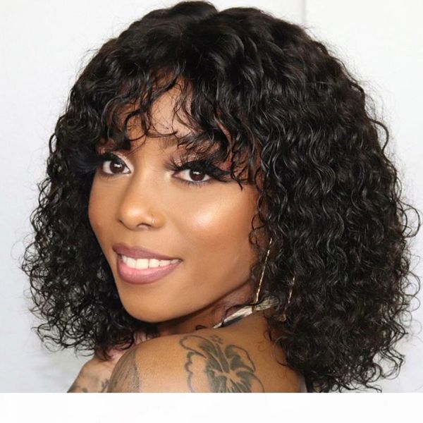 

pixie cut wig human hair glueless short bob silk lace front human hair wigs bleached knots afro kinky curly wig with bangs, Black;brown