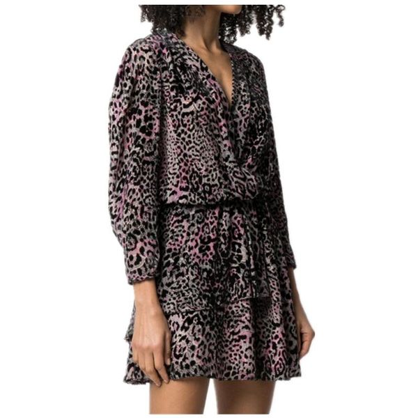 

flocking leopard print dress women vintage long sleeve silk short dresses spring summer, Black;gray