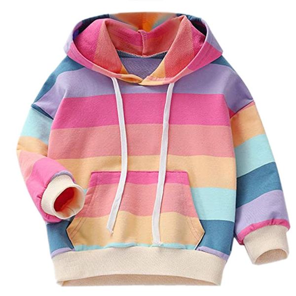 

rainbow hooded long sleeve pocket sweater jacket new autumn windproof warm sport clothing children girls fashion casual outwear, Blue;gray