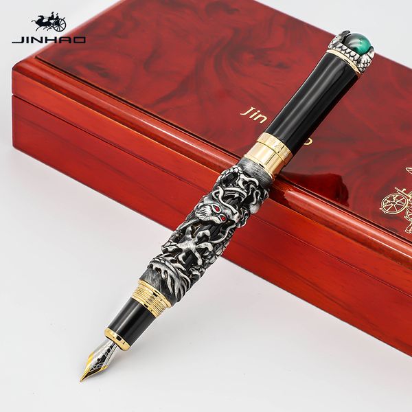 Penna JINHAO di alta qualità Rilievi a forma di drago speciale 18K iraurita NIB Penna stilografica classica Forniture per ufficio aziendale Scrittura Penne a inchiostro liscio