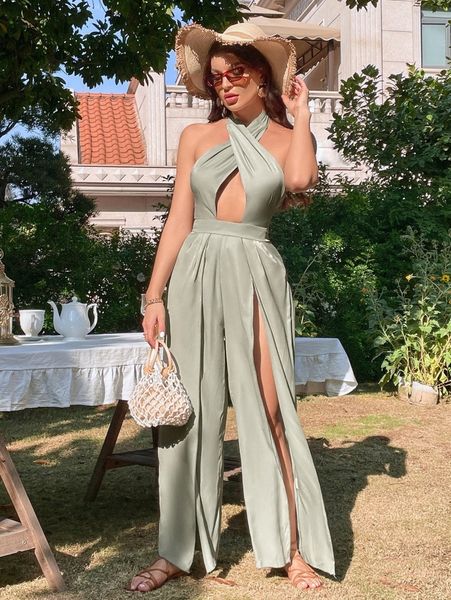 

cut out halter neck backless slit thigh jumpsuit h2fn#, White
