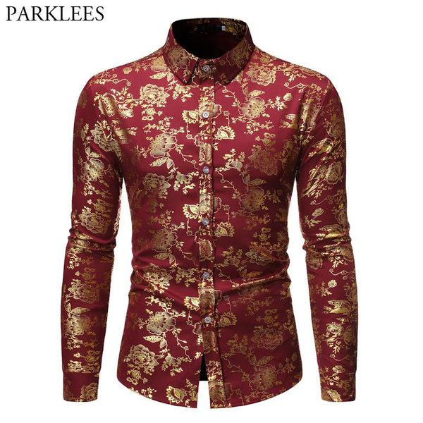 

men's gold floral bronzing luxury design wedding shirt slim fit long sleeve button down party club shirt male chemise homme s-xl, White;black