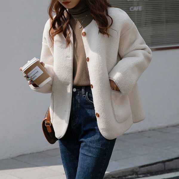 

lamb wool coat women2020 winter new korean version loose casual fur thickened warmth ladies buttons jacket, Black;brown