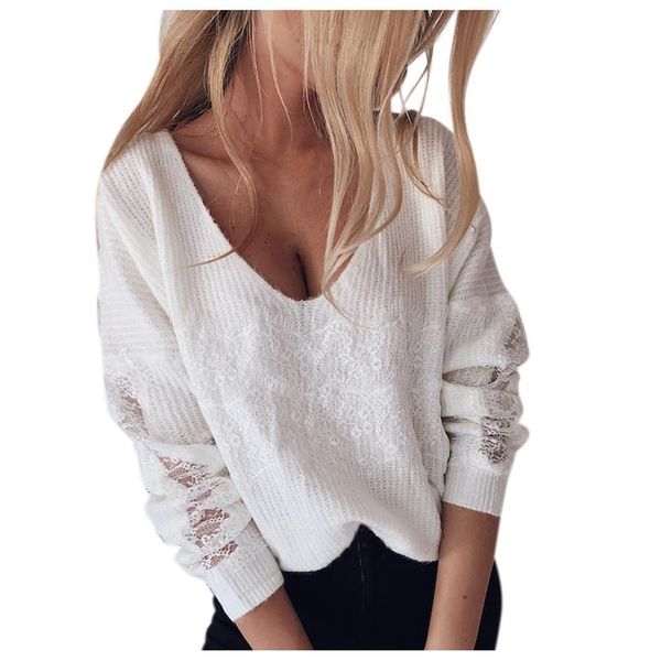 

fashion summer woman blouses loose casual button casual women v neck solid lace patchwork long leeve sweater blouse, White;black