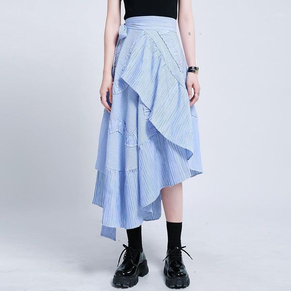

woman a line ruffle bohemian midi skirt side slit maxi irregular skirts lace-up mid-length high waist ruffles skirt s2171, Black