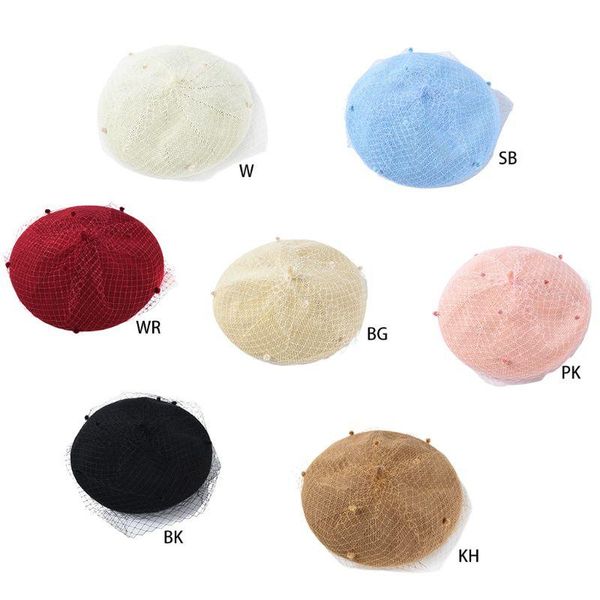 

french style women girls vintage beret cap elegant banquet party wedding artist painter hat solid color with mesh veil, Blue;gray