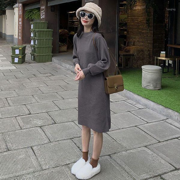 

sutimine 2020 winter new women's sweater dress o-neck loose mid-long knitting chic lantern sleeve casual sweet lady dress1, Black;gray