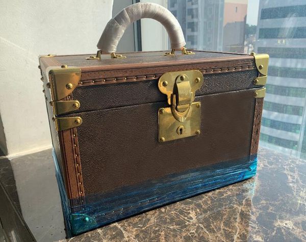

new classic women bag lady 34cm jewelry box travel makeup wooden boxes two layers bags clutch handbag travels kit jewelry organizer purse, Blue;pink