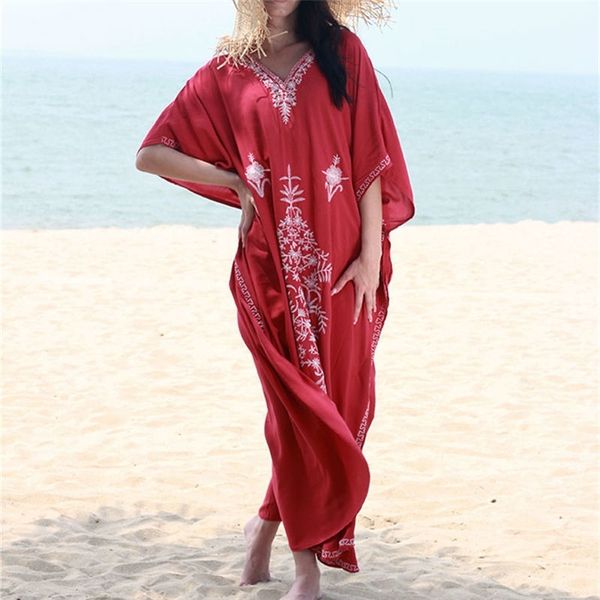 Вышивка Kaftan Beach Tunic Cotton Beach Cover Up Side de Praia Купальник Женщины Бикини Обложка Pareo Sarong Beachwear # Q854 T200324