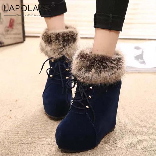 

lapolaka 2021 height increasing platform high heels shoes ladies boots shoelace warm plush winter snow boots woman, Black