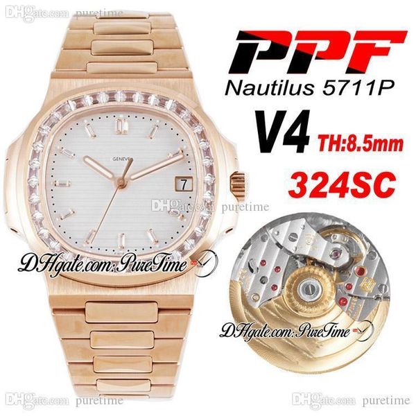 2020 PPF 5711P 324SC 324CS Automatik-Herrenuhr, quadratische Diamantlünette, Roségold, weißes Zifferblatt, Diamantmarkierungen, SS Best Edition PTPP Puretime FP06d