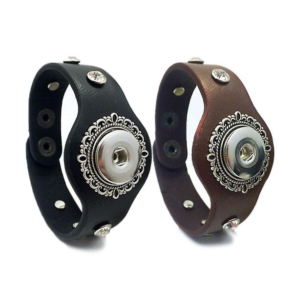 

charm bracelets interchangeable rhinestone 235 real original genuine leather retro fashion 18mm snap button bracelet jewelry for women men, Golden;silver