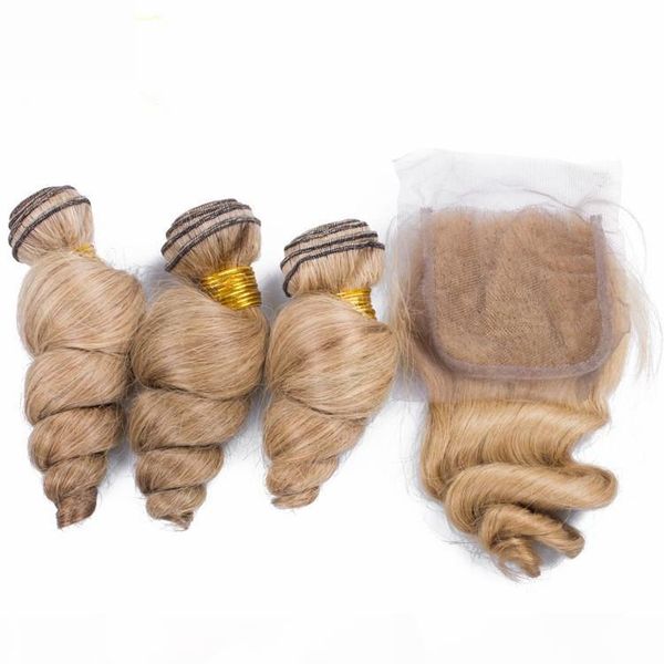 

loose wave virgin peruvian honey blonde human hair weave bundles with closure #27 strawberry blonde hair wefts with lace closure 4x4, Black