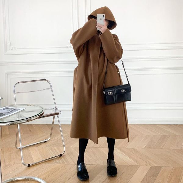 

autumn and winter 2021 new] ce family witch coat caramel brown hooded corset double faced tweed coat woolen, Black