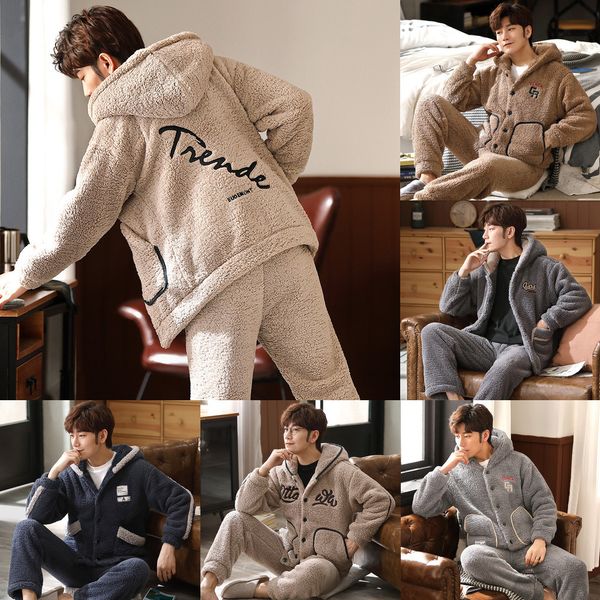 

july's song men pajama sets flannel thicken winter warm sleepwear suit pyjamas hooded casual coral fleece sleep homewear q1216, Black;white