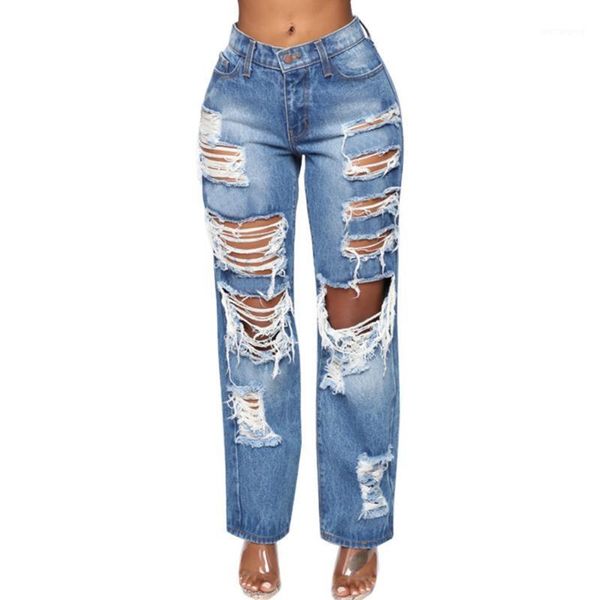 

2020 new autumn winter women fashion casual denim pants hole tassel long pants jeans high waist fashion female blue1, Blue