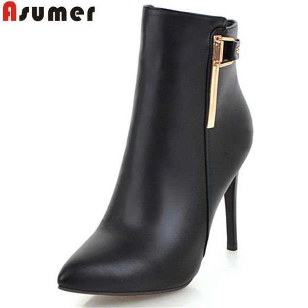

asumer black white fashion autumn winter boots pointed toe zip stiletto heels ankle boots prom high heels ankle for women
