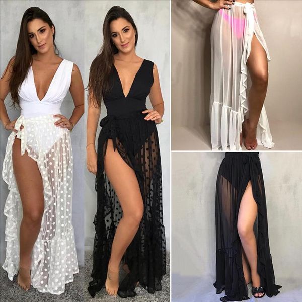 

fashion womens beach polka dot sheer bikini cover up swimwear transparent wrap skirt ladies sheer skirts floor length skirt, Black