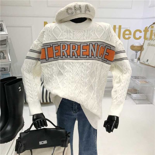 

women's sweaters 3medium and long jacquard letter sweater woman autumn/winter 2021 twist crew neck pullover casual loose coat trend, White;black