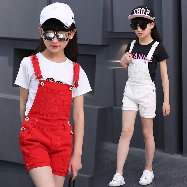 

100% cotton solid black white red short overalls for girls age 4-12 teens girl short suspender bib pants for summer y200704, Blue