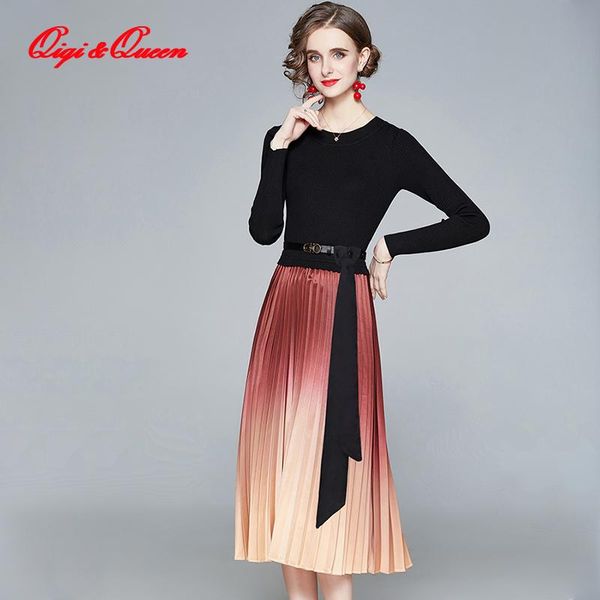 

casual dresses qiqi&queen winter women vintage knitted lace-up mid o-neck office dress elegant a-line simple bottoming pleated vestidos, Black;gray
