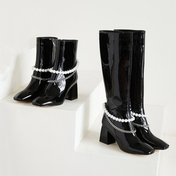 

grains chiccan women chains black knee patent leather square night club winter thick track boots c27g
