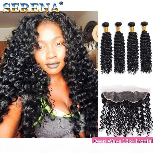 

peruvian virgin human hair extensions 4 bundles with 13x4 lace frontal hair weaves frontal deep wave curly hair bundles with frontal, Black;brown