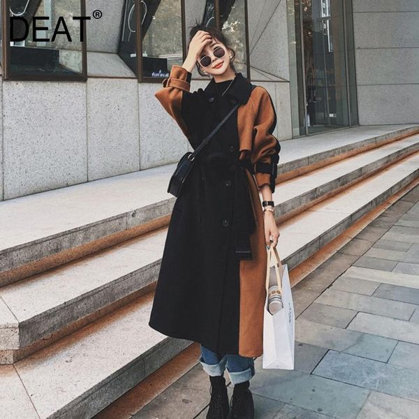 

deat woolen coat women patchwork hit color elegant england style slim full sleeve lapel thick 2020 new autumn fashion tu885, Black