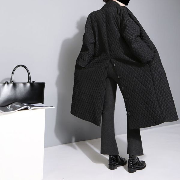 

[eam] new large size temperament solid color long-sleeved long paragraph cotton jacket female wth 201225, Black