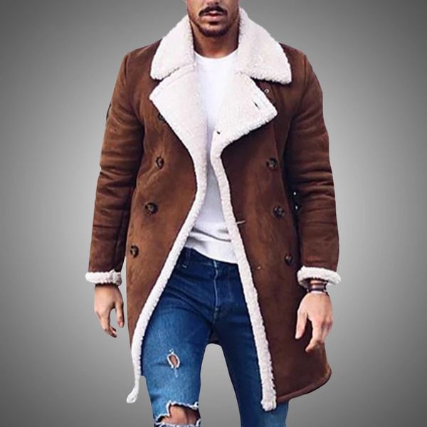 

winter men jacket thick fleece loose coat men faux suede leather jackets casual trench coat mens 2021 streetwear drop shipping, Black