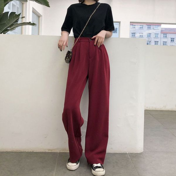 

2021 new solid waist color high women's suit pants total lady length office spring and comfortable autumn leisure falling leg wide e8de, Black;white