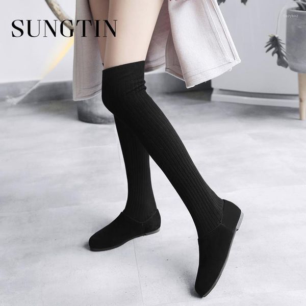 

sungtin women slim knitted stretch thigh high boots autumn large size 44 plush warm long boots ladies over the knee1, Black
