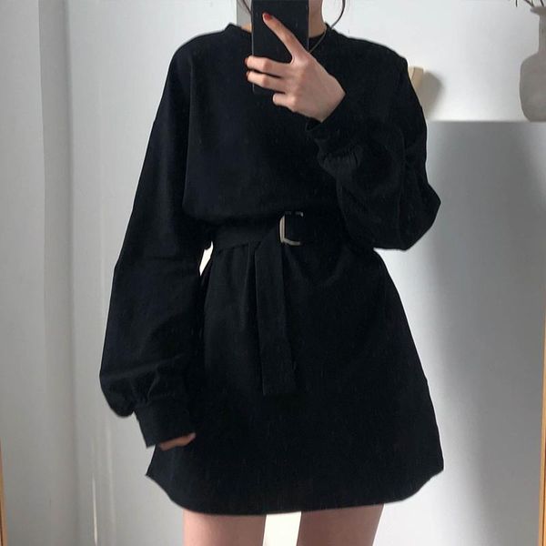 

7 colors 2021 spring and autumn solid color long sleeve dress women korean style dress women with belt (x218, Black;gray